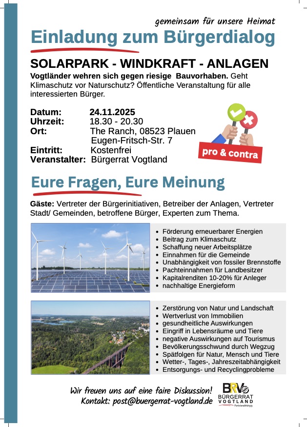 24.11. - 18:30 Uhr Bürgerdialog - Solarpark - Windkraft - Anlagen, The Ranch, Plauen