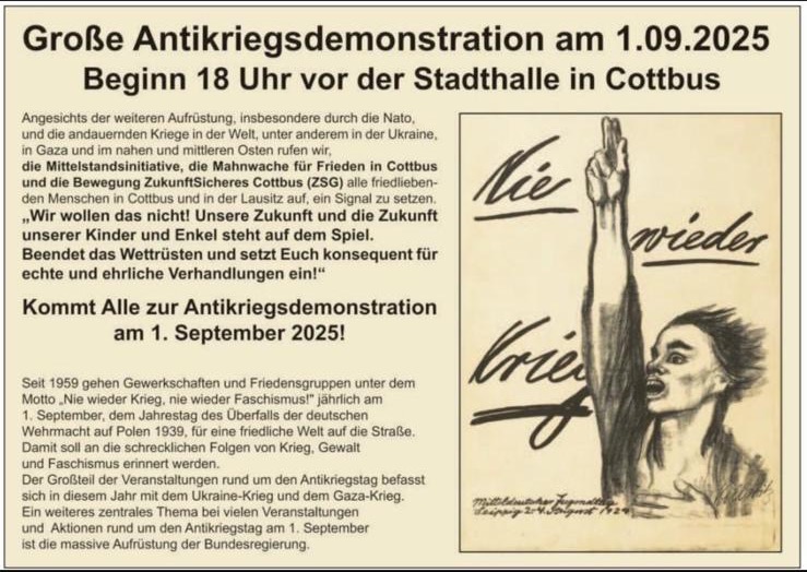 Antikriegsdemonstation, 01.09.2025, Cottbus, 18.00 Uhr Vorplatz Stadthalle