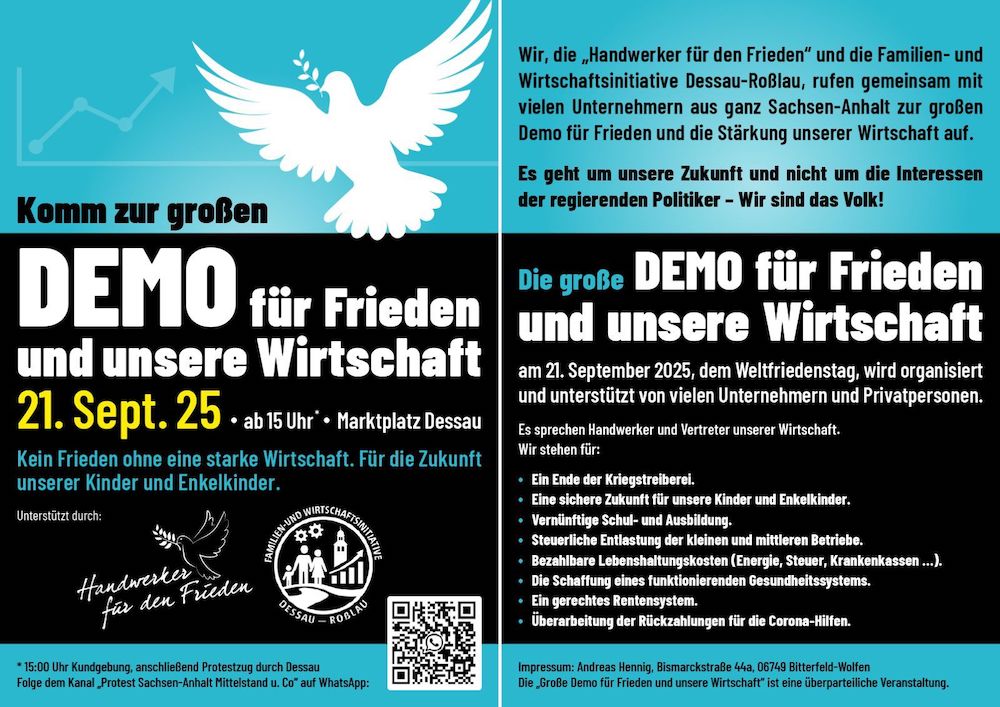 Demo für Frieden & unsere Wirtschaft, 21.09.25, Markplatz Dessau