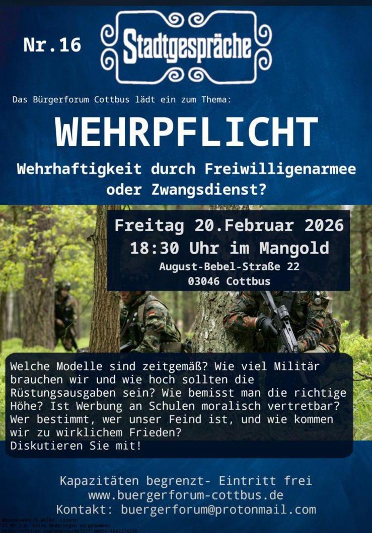 20.02. | Stadtgespräche zum Thema Wehrpflicht | Cottbus